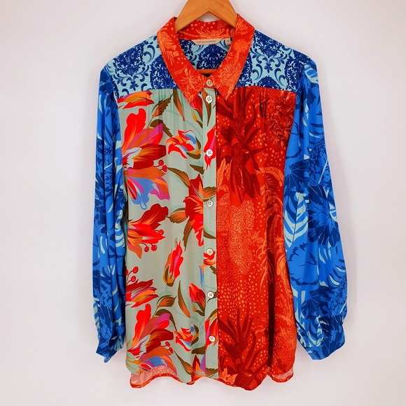 Soft Surroundings Hermosa Patchwork Floral Button Down Long Sleeve Blouse Sz 1X - Picture 2 of 11